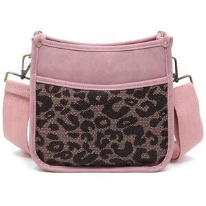 Women's Trendy Leopard Print Pink Colorblock Guitar Strap Hobo Crossbody Bag